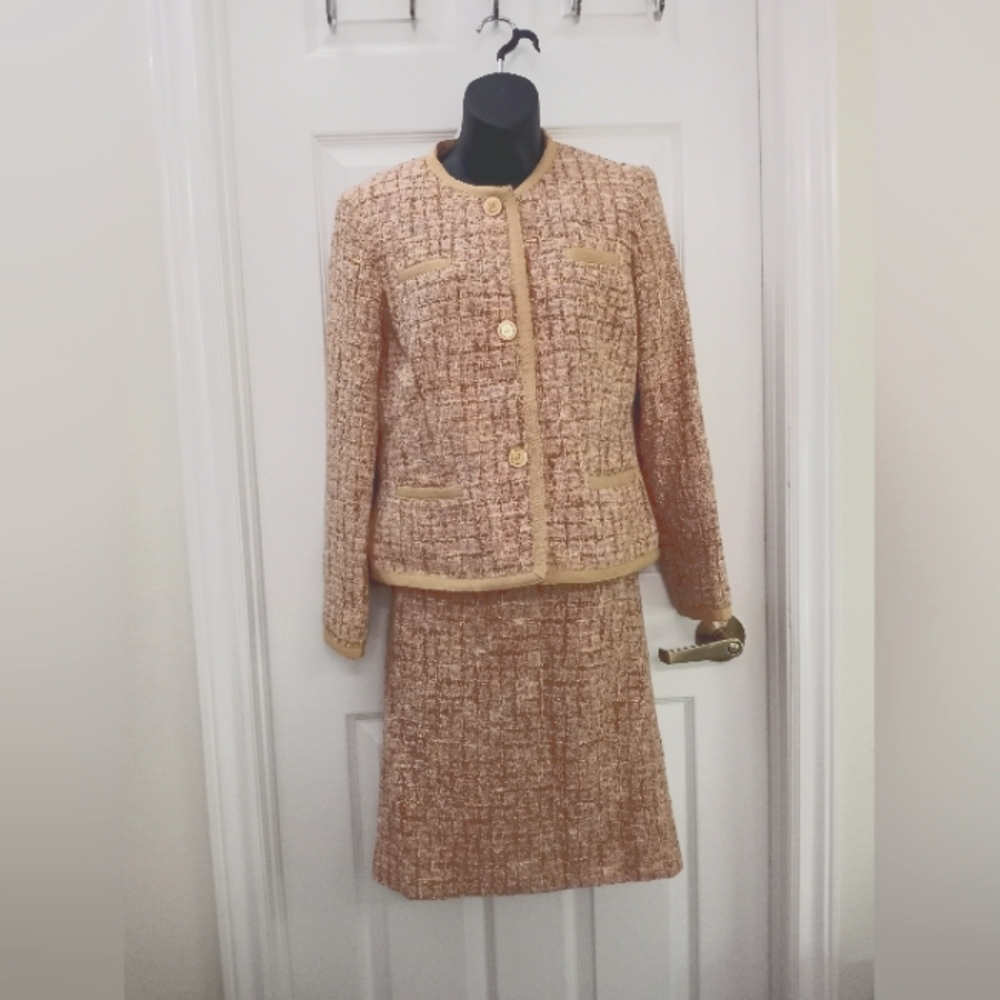 Classic Tweed Skirt Set in Camel Beige